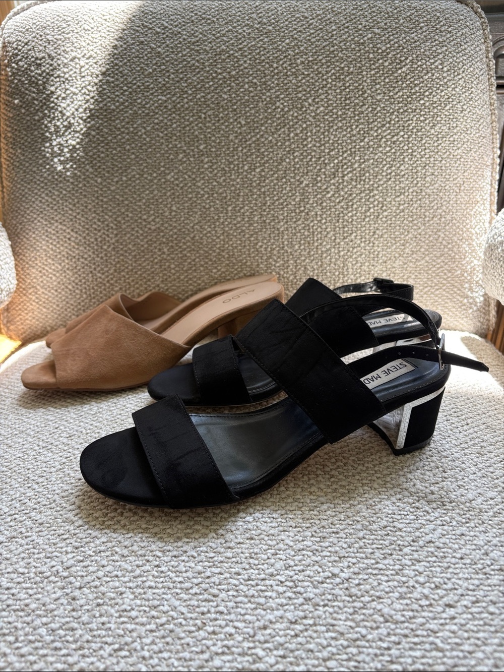 Steve Madden Black Strappy Block Heel Sandals- Aldo suede mules 8.5